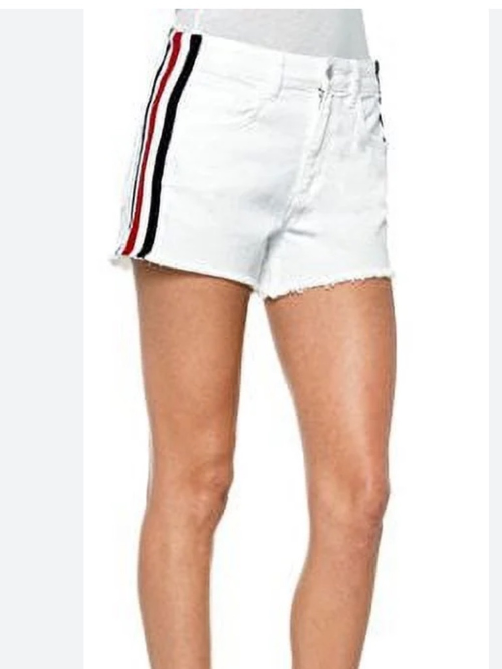 Driftwood Connie White Denim Shorts Jeans 25 Red & Black Side Stripes Raw Hem 3"